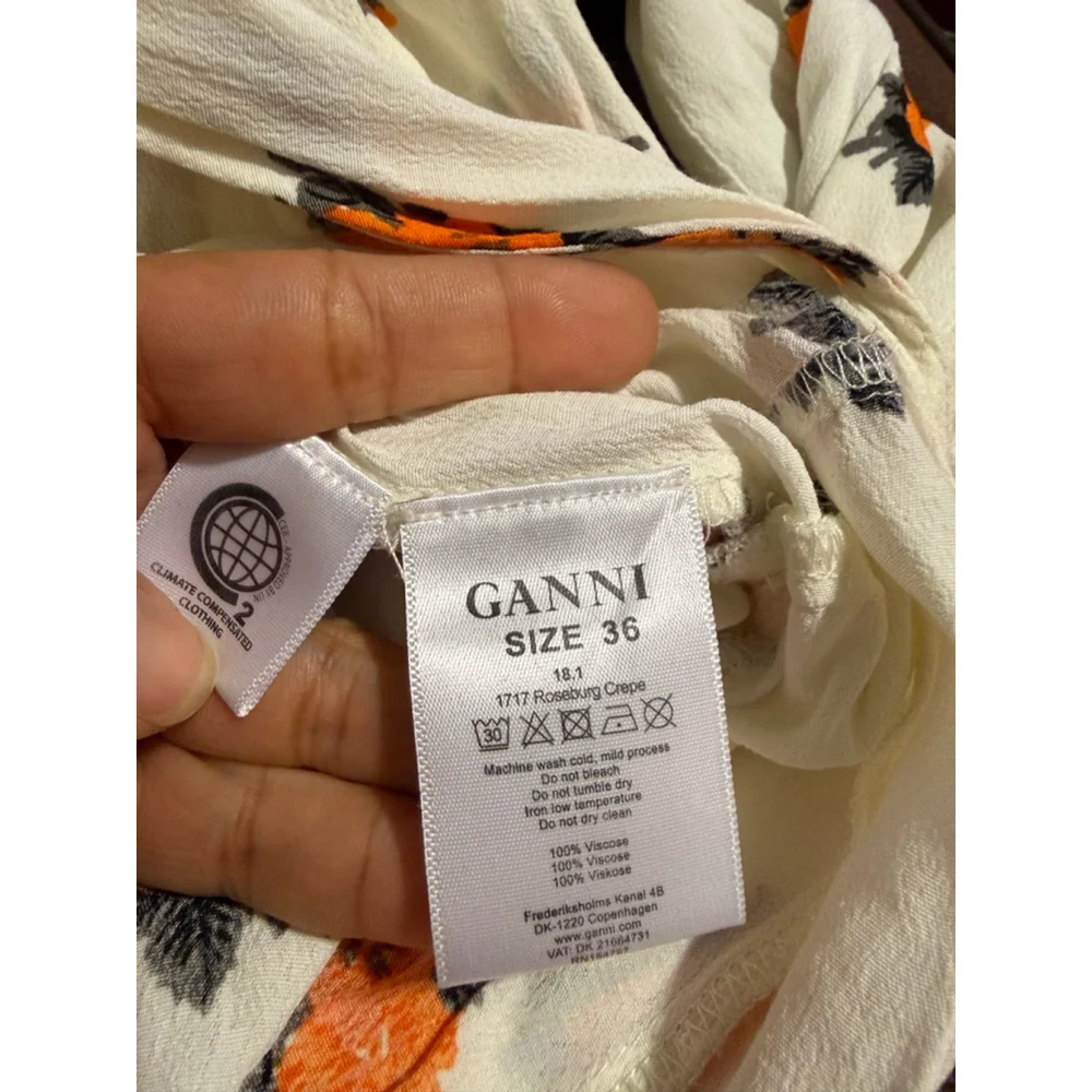 Women's GANNI Long Sleeve Wrap Dress in White with Orange Floral, Size 4